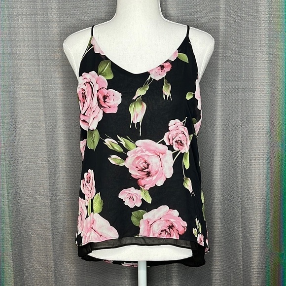 LUMIÈRE BLACK FLORAL TANK TOP MEDIUM BLOUSE - Picture 1 of 7